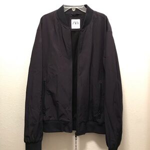 Zara Dark Navy Blue Men Bomber Jacket Size Large Black Zipper